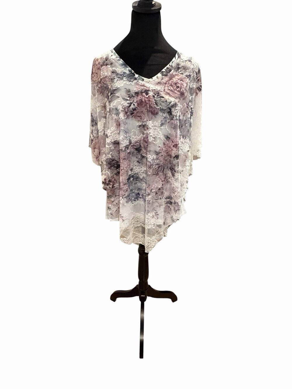 Brittany Black Poncho Blouse Sheer Lace Pink Gray Floral 3/4 Sleeves Size L Boho